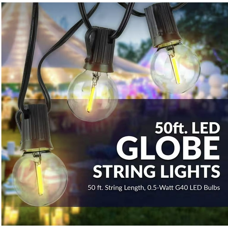 Indoor/Outdoor 50 ft. Plug-In Party LED Outdoor String Lights with 55 LED Globe G40 Bulbs (5-Free Bulbs Included) Indoor/Outdoor 50 ft. Plug-In Party LED Outdoor String Lights with 55 LED Globe G40 Bulbs (5-Free Bulbs Included)
