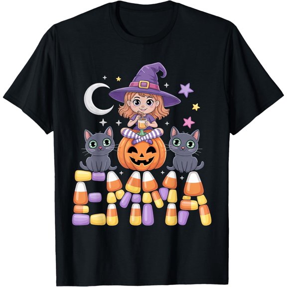 Women Halloween Emma Witch Candy Corn Cat Holiday T-Shirt, Size S-5XL