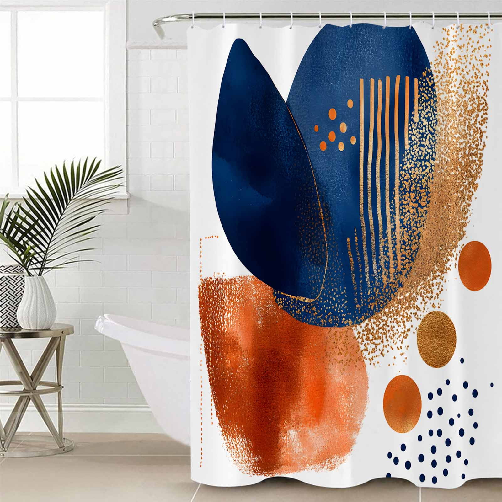 Shower Curtains Abstract Ombre Blue Gold Orange Bath Curtain Modern Art Waterproof Bathroom Shower Curtain Set with Hooks Decoration 72 x 84 Inches