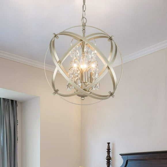 Maxax 4 Lights Cage Crystal Chandelier, Modern Globe Metal Pendant Lighting, Adjustable Sphere Farmhouse Hanging Ceiling lamp, for Kitchen, Entryway, Dining Room, Living Room, Champagne Gold