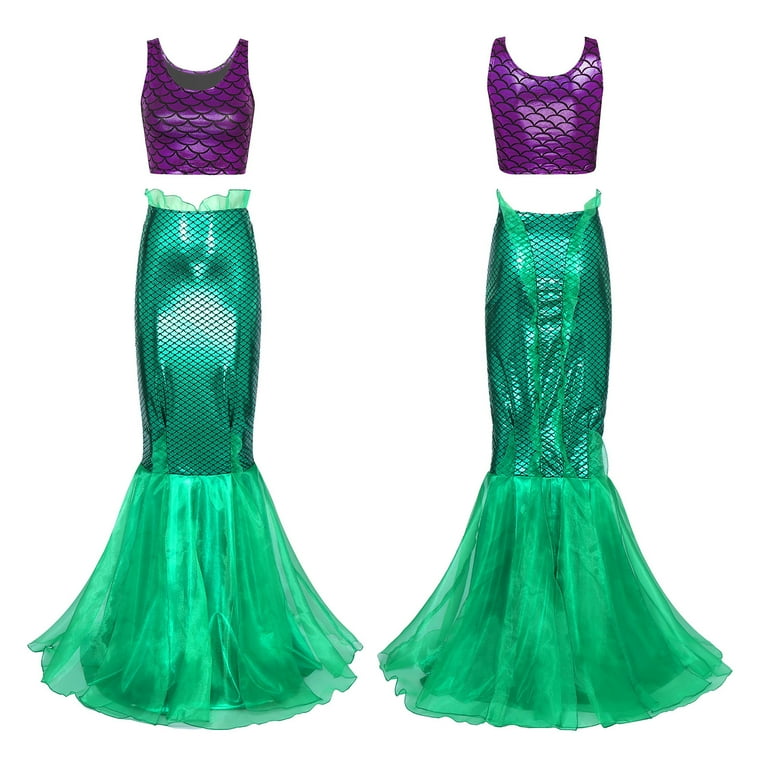 YIZYIF Womens Mermaid Costume Metallic Sleeveless Crop Top with Ruffled  Fishtail Long Skirt Purple&Green XL - Walmart.com