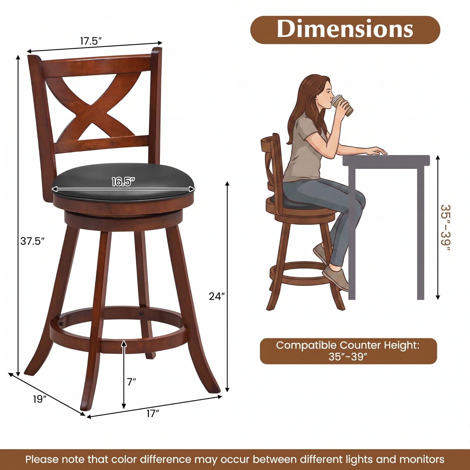 Furnibear 2 Pieces Classic Counter Height Swivel Bar Stool Set with X-shaped Open Back-24 Inch for Kitchen Island Counter Bar Pub Dining, Espresso