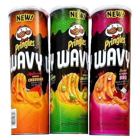 Pringles Wavy - Applewood Smoked Cheddar, Fire Roasted Jalapeno, Sweet & Tangy BBQ - 4.8 Oz Each - Variety Bundle of