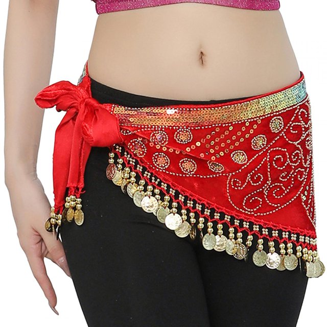 Pañuelo de cadera para danza del vientre con discos dorados, ropa de baile, cinturón de cadera brillante para disfraz de club Rojo