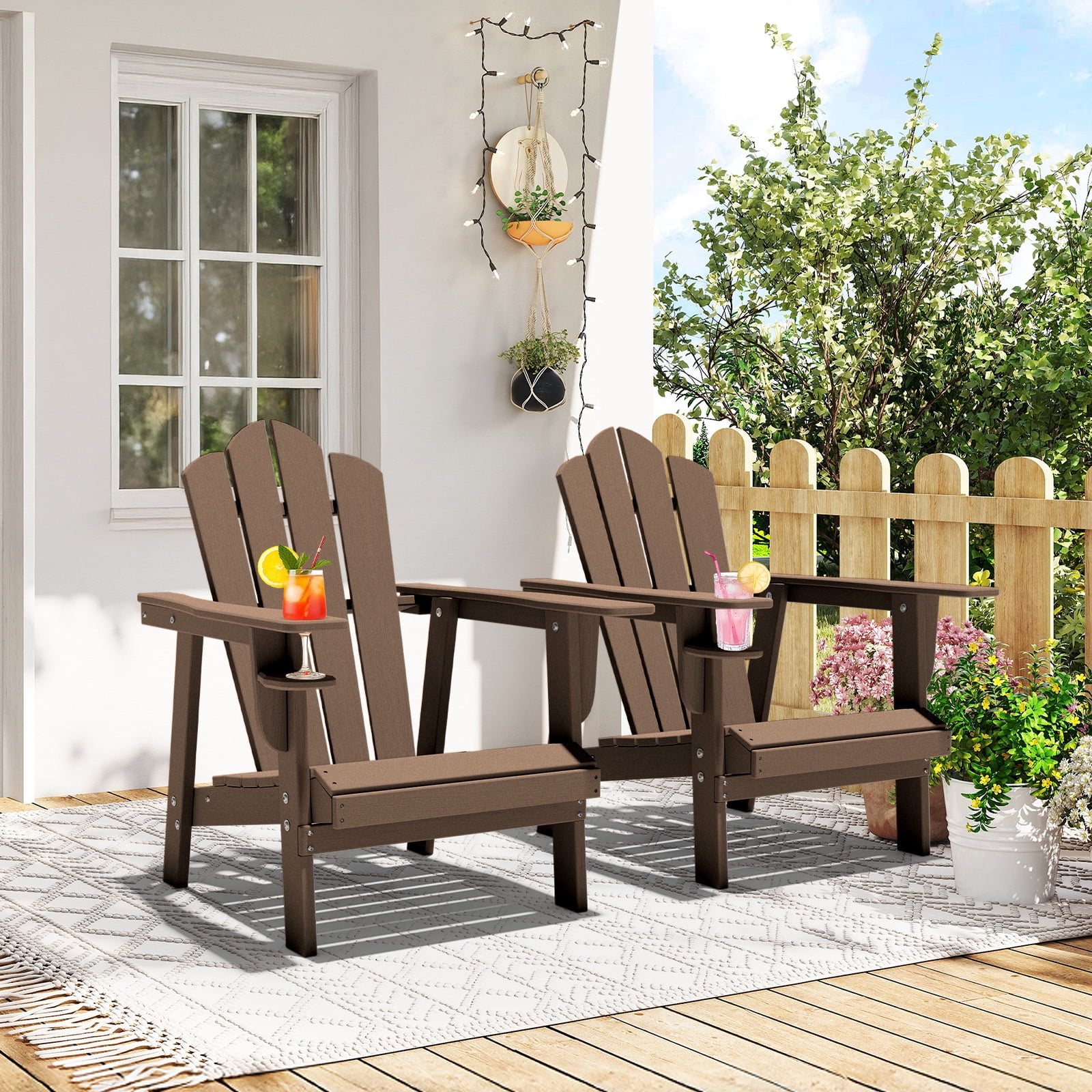 Tappio HDPE Adirondack Chair, Patio Seat All Weather Outdoor Patio Chair with Cup Holder for Lawn Yard Fire Pit, Brown