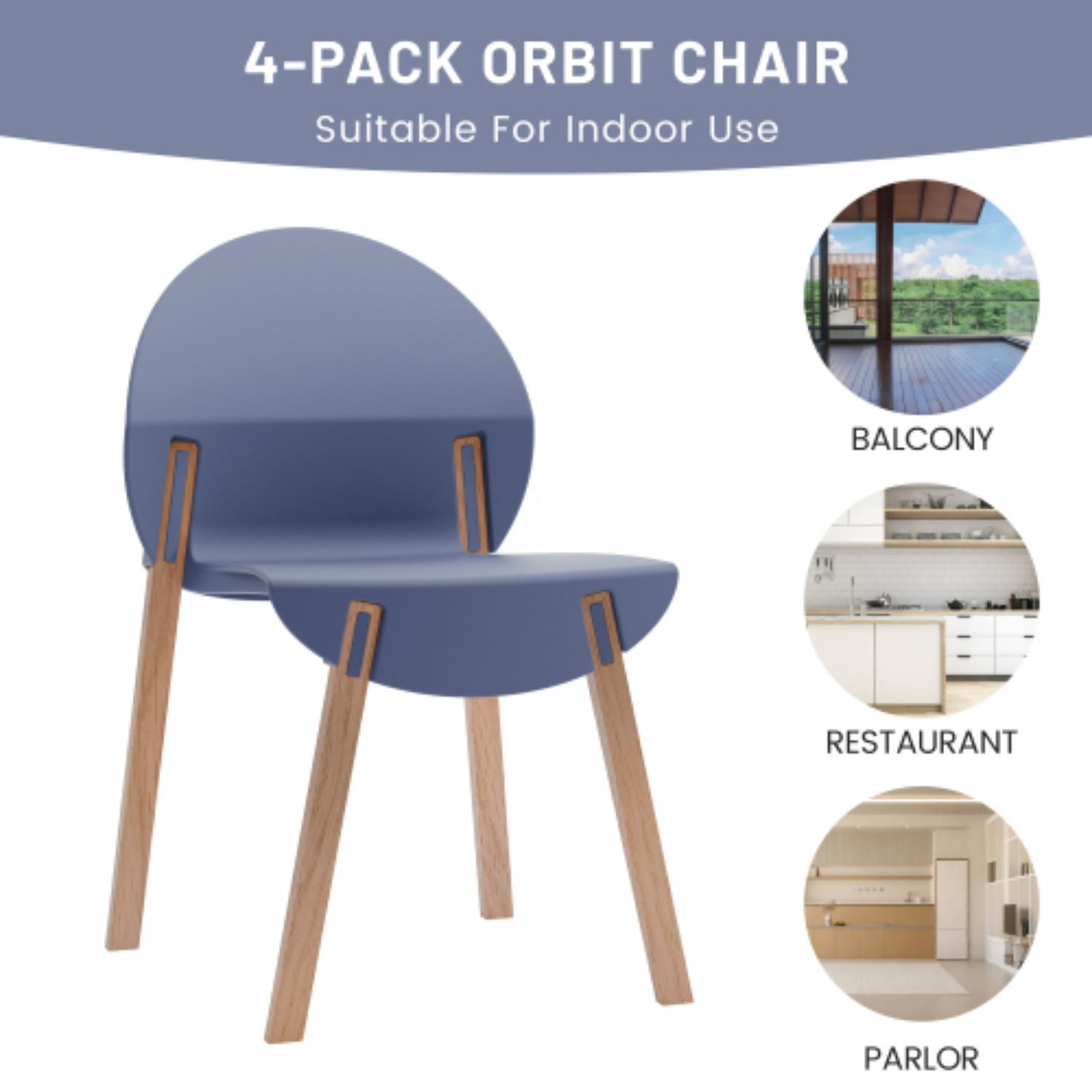 Dining Chairs Set of 4, Modern Kitchen Chairs with PP Seats & Solid Red Oak Wood Legs, 330 lb Capacity, Indoor Dining Room Living Room Chairs, Gray Blue