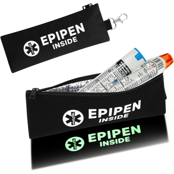 SUNMON EpiPen Carry Case for 1 Pen - Insulated EpiPen Carrying Case with Glow in The Dark Labels, Waterproof Travel Epipen Holder with Carabiner for Asthma, Allergies, Sports & Outdoor Emergencies(Bl