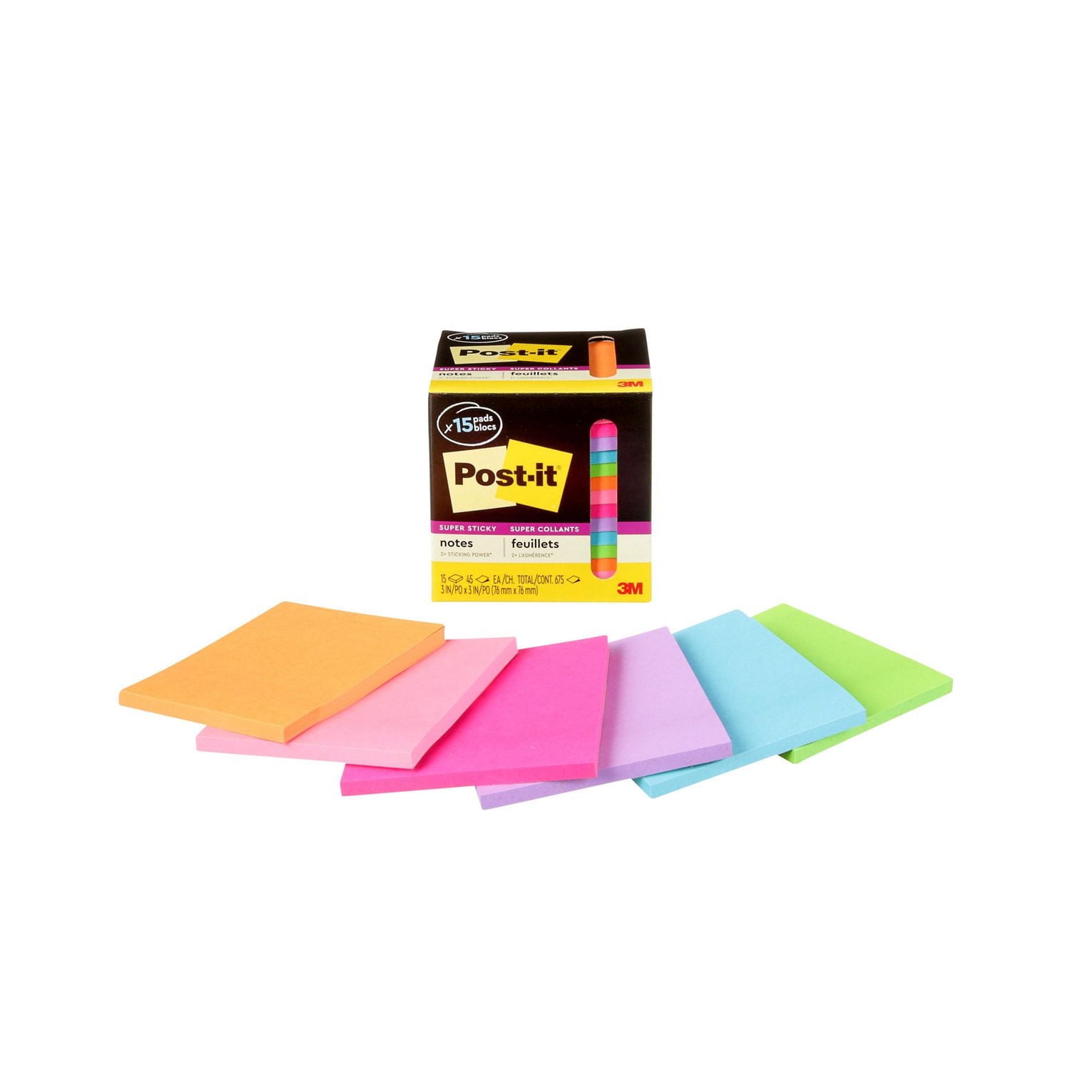 Feuillets super collants 654-15SSCP Post-it®, paquet pour bureau, couleurs assorties, 76 x 76 mm (3 x 3 po) Feuillets super collants