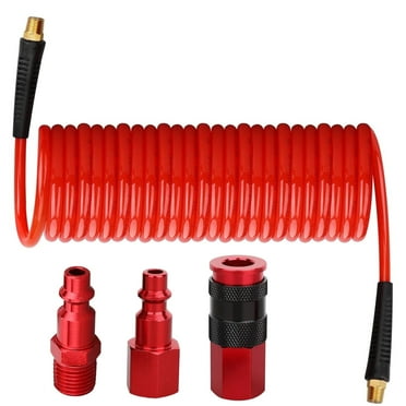 Polyurethane Recoil Air Hose 1/4" x 25 ft with Bend Restrictors Compressor Hose with 1/4" Industrial Quick Coupler and I/M Plug Kit, Red