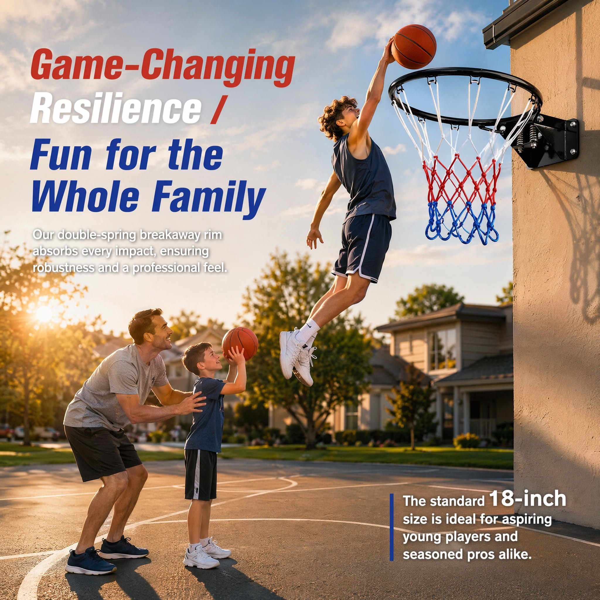 18 Inch Standard Double Spring Solid Steel Basketball Rim Heavy‑Duty Wall Mount Replacement Hoop with Nylon Net Shock‑Absorbing Basketball Goal for Indoor Outdoor Kids Teens Home Backyard Play