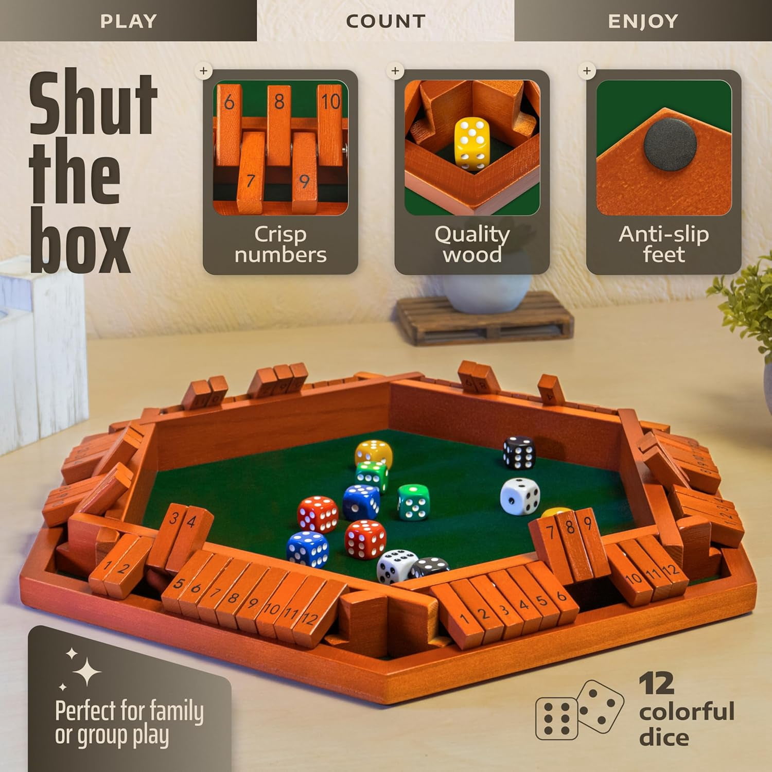Shut The Box Game Wooden Board for 1-6 Players - 16-inch Shut The Box Game 12 Numbers for Adults & Kids - Ideal for Games Night