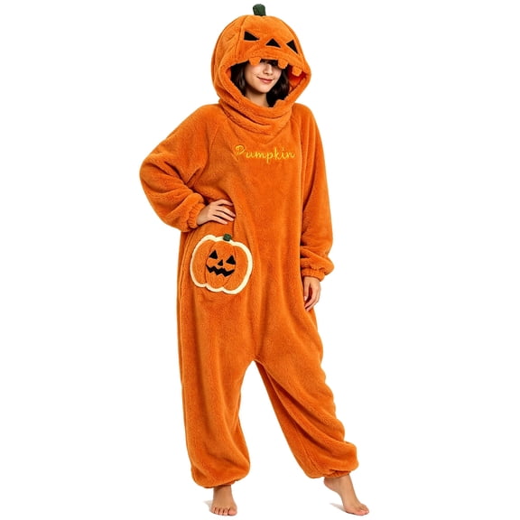 Fatuov Halloween Pumpkin Costume for Adult, Teen Wearable Pumpkin Fleece Hooded One-Piece Pajamas, Cozy Halloween Cosplay Costume Oversized Loungewear 4'11"-5'2"