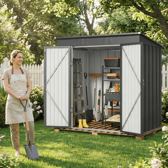 6 x 4 FT Shed with Lockable Doors, Metal Storage Shed with  Weatherproof for Garden & Tools, Dark Grey