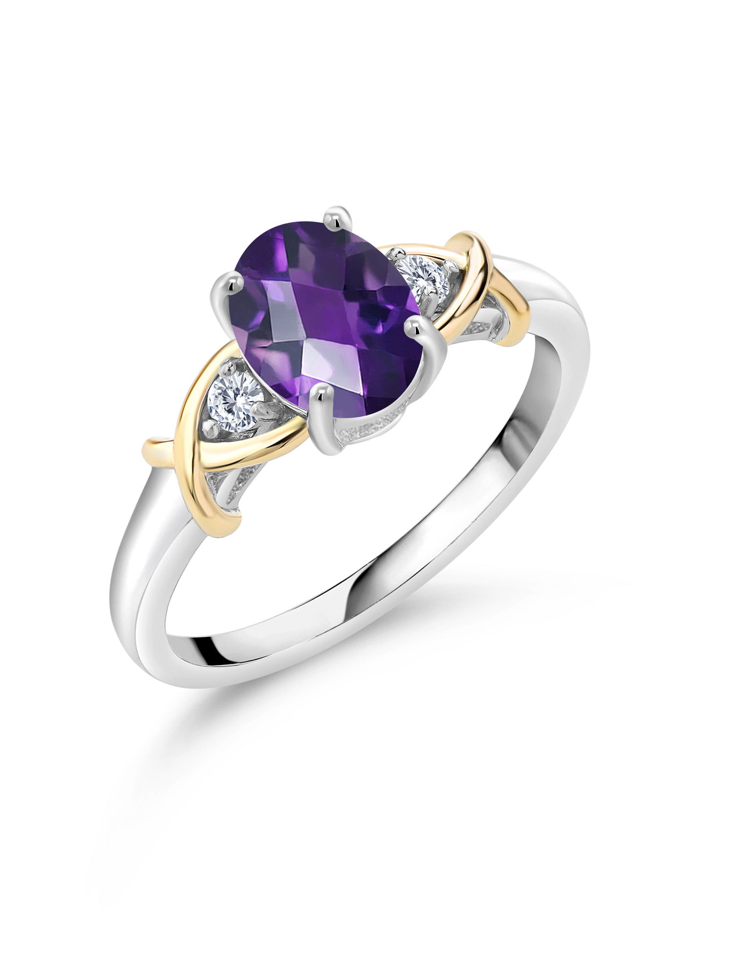 Gem Stone King 0.97 Ct Checkerboard Purple Amethyst White Created Sapphire 925 Silver Ring