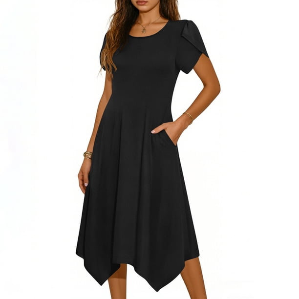 Mujeres Manga Corta Tops Estilo Casual Cuello Redondo Sólido Irregular Doblado Vestido, Vestido de Manga Corta para las Mujeres Falda Primavera Verano Diario
