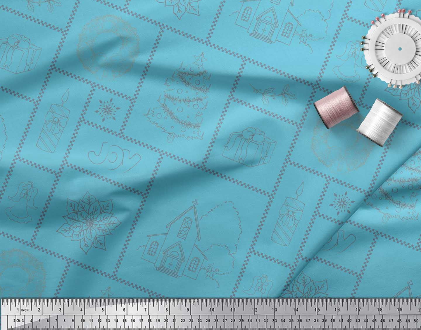 Soimoi Blue Cotton Duck Fabric Christmas Theme Party Printed Fabric 1 Yard 42 Inch Wide