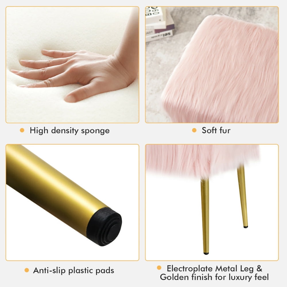 Finihen Upholstered Faux Fur Vanity Stool Chair, Footstool Ottoman, Vanity Stool with Golden Metal Legs, Decorative Furniture Footrest, for Makeup Room, Living Room, Bedroom, Pink
