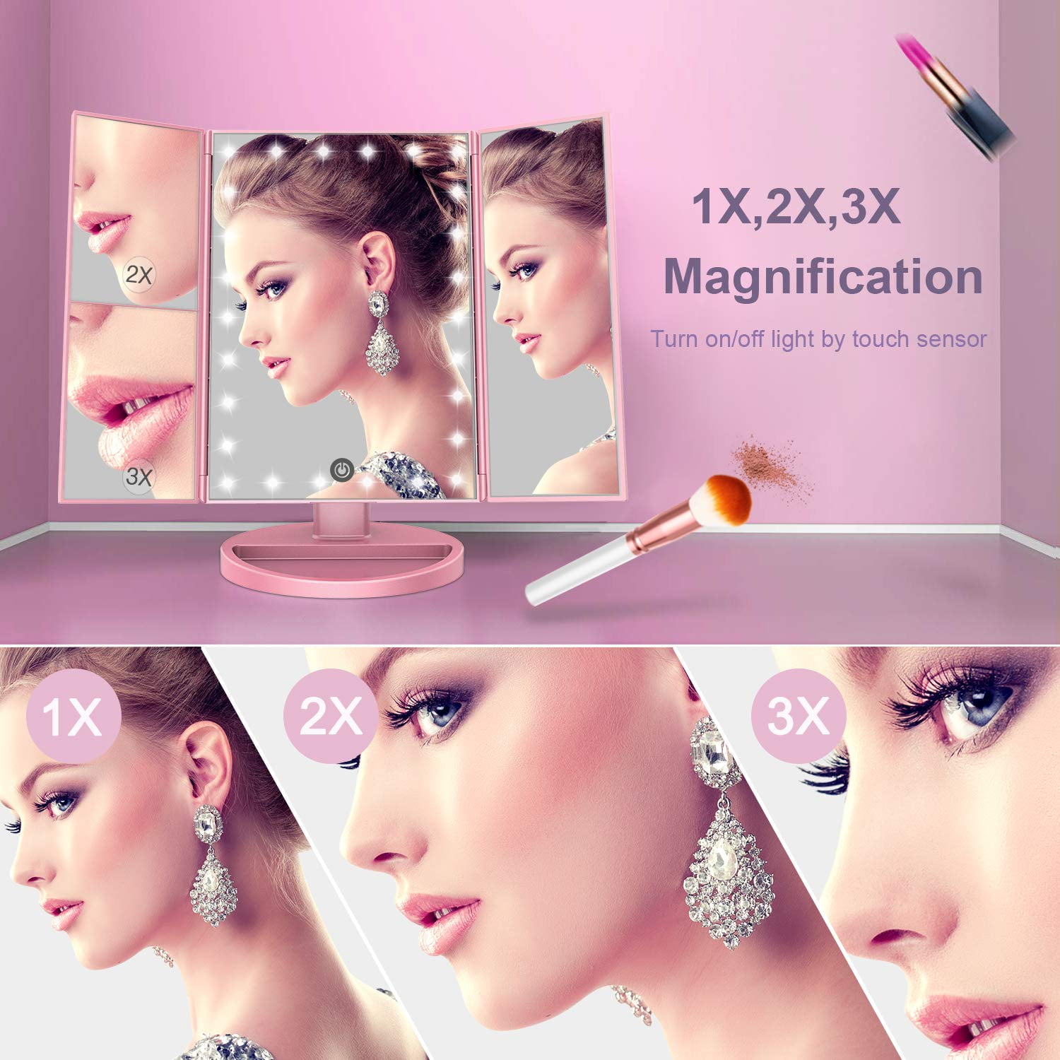BESTOPE Trifold Makeup Mirror with 21 LED Lights, 1X/2X/3X