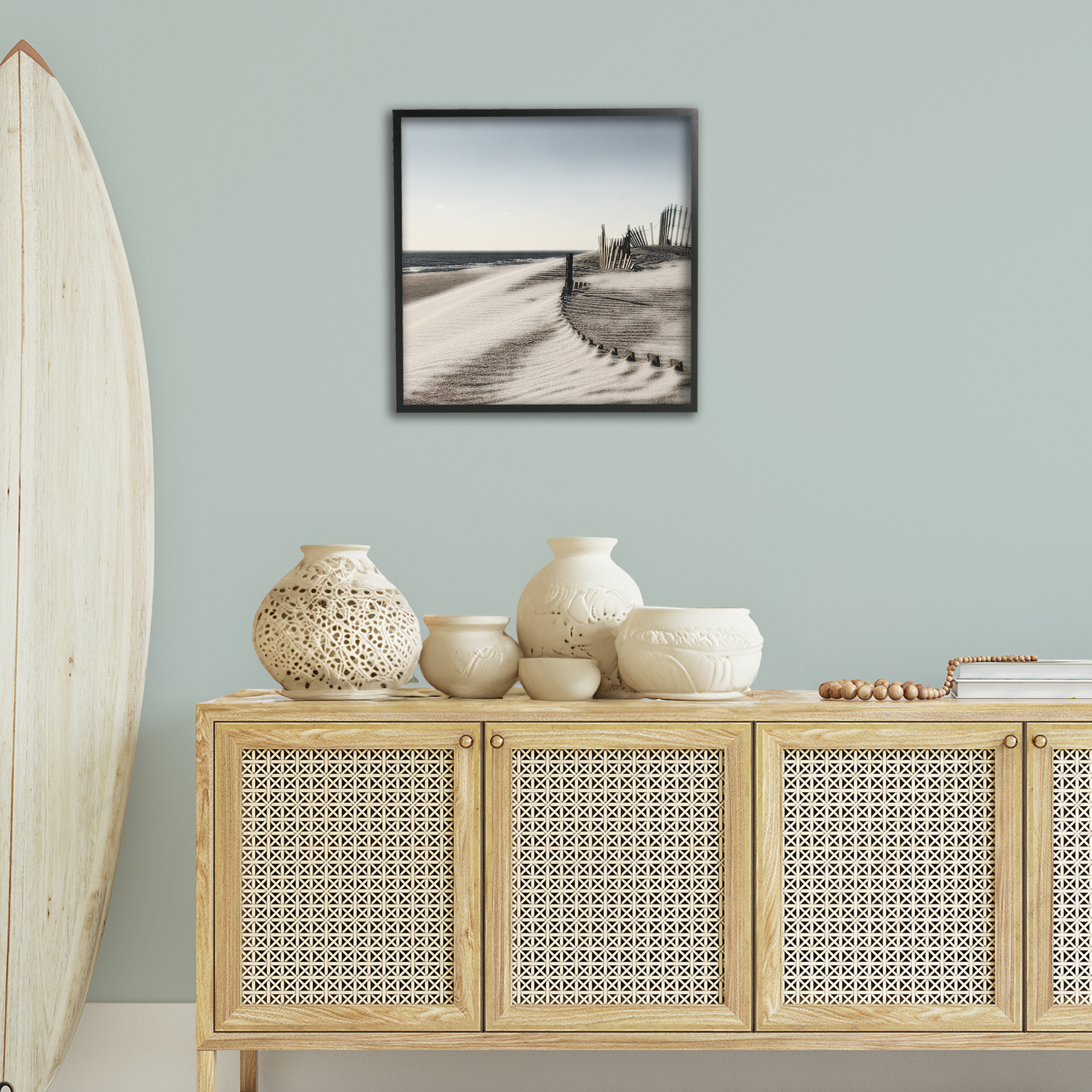 Stupell Industries Rippled Beach Fence Landscape Painting Black Framed Art Print Wall Art, 24 x 24