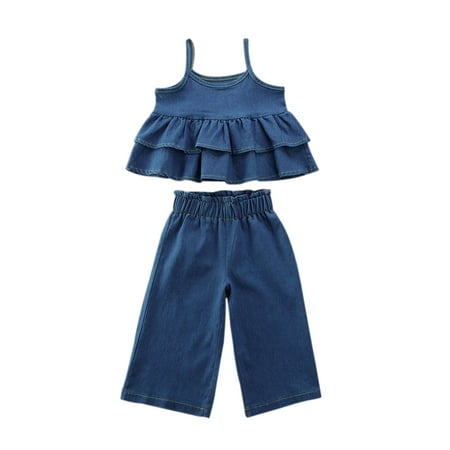 

TheFound 2Pcs Baby Girl Summer Clothes Denim Sleeveless Ruffle Halter Strap Tank Tops Cami Wide Leg Long Pants Outfits
