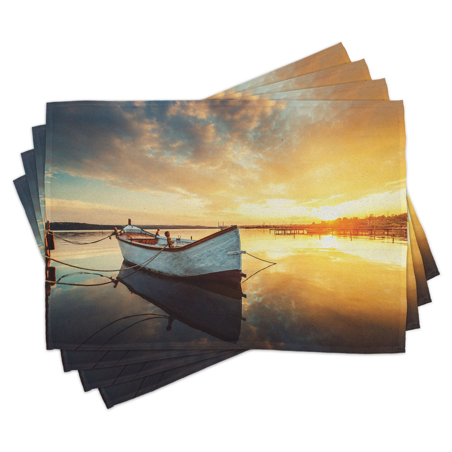 Lake House Placemats Set of 4 Small Boat on the Water with Horizon and