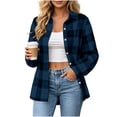 thumbnail image 2 of Nmnitkp Jackets for Women Plaid Flannel Shirt Button Down Lapel Collar Long Sleeve Loose Casual Layering Outerwear Lightweight Checked Jacket For Fall Daily Wear Dark Blue,M, 2 of 9