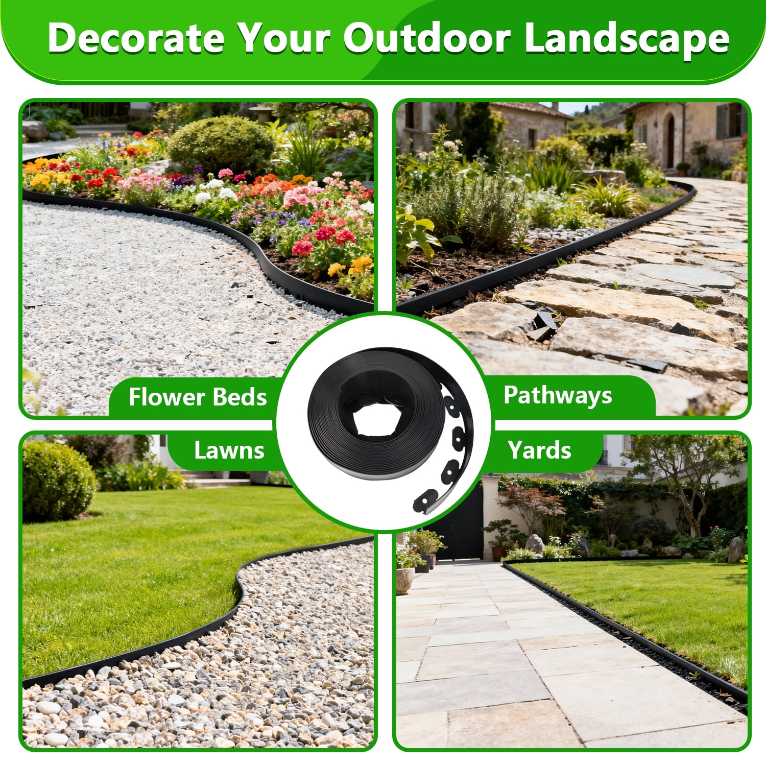 No Dig Landscape Edging Kit 60FT - Heavy Duty 2in Tall Black Garden Border with 72 Spikes | Easy Install Flexible Edging for Lawn & Flower Bed