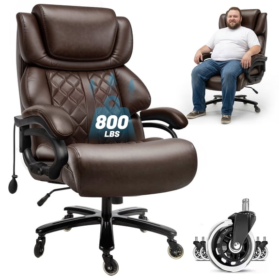 FANTAWESO Big & Tall 800 lb Executive Office Chair, High Back PU Leather Ergonomic Desk Chair with Inflatable Lumbar Support and Adjustable Height for Home Office, Brown