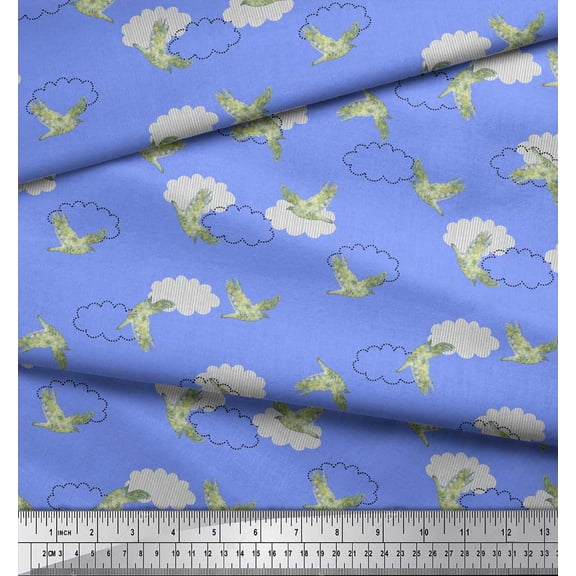 Soimoi Blue Velvet Fabric Cloud & Watercolor Bird Printed Fabric 1 Yard 58 Inch Wide