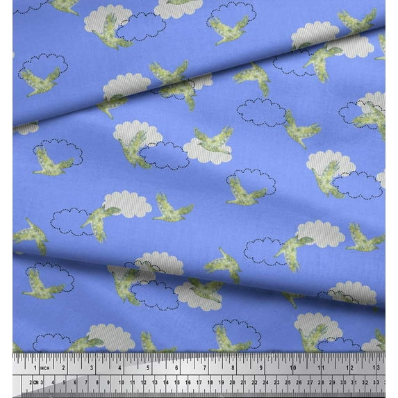 Soimoi Blue Cotton Poplin Fabric Cloud & Watercolor Bird Printed Craft Fabric by the Yard 42 Inch Wide