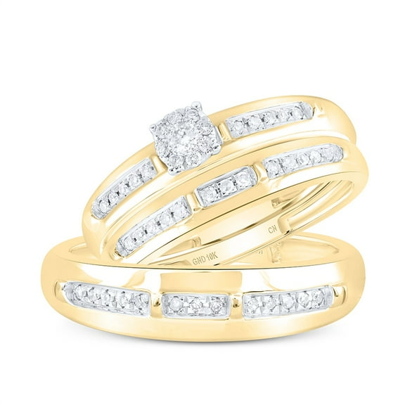 10K Yellow Gold Round Cut Solitaire Diamond Men's Wedding Band & Women's Bridal Set Bar Design Flower Center Matching Trio Set 1/4 CT.
