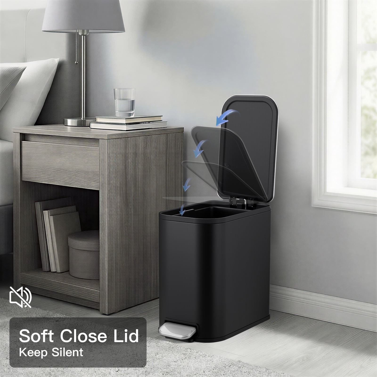 Slim Bathroom Trash Can with Lid Soft Close, Step Pedal, 8 Liter / 2.1 Gallon Stainless Steel Trash Bin, Small Garbage Cans for Bedroom, Office, Kitchen