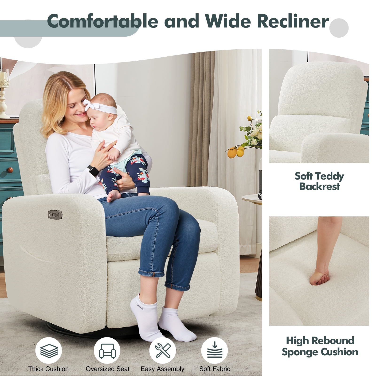 Aemeios Swivel Power Recliner Chair Teddy Nursery Glider Rocking Recliner, White