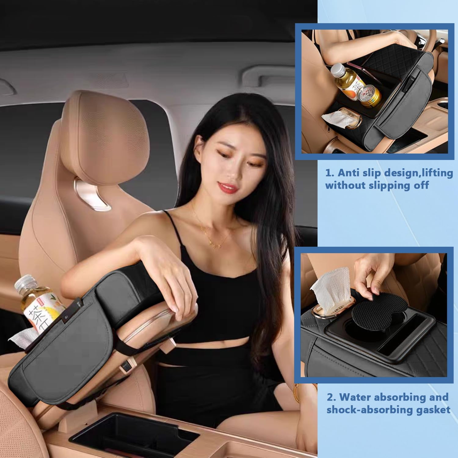 Multifunctional PU Leather Car Armrest Box Mat, Universal Center Console Cover with Storage Organizer, Non-Slip Driver and Passenger Side Arm Rest Pad