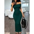 thumbnail image 2 of Womens Dark Green Off-Shoulder Short Sleeve Fitted Bodycon Long Dress, 2 of 5