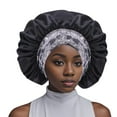 thumbnail image 2 of Wuxian Womens Satin Bonnet Hat Fashionable Soft Floral Print Hair Sleep Skullcap Leisure Soft Hair Wrap Slouch Breathable Curly Hair Bonnet Night Caps Pleated Ruched Shower Cap,Black,One Size, 2 of 3
