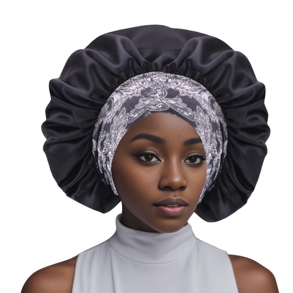 CUZIBR Womens Satin Bonnet Hat Fashionable Soft Floral Print Hair Sleep Skullcap Leisure Soft Hair Wrap Slouch Breathable Curly Hair Bonnet Night Caps Pleated Ruched Shower Cap,Black,One Size