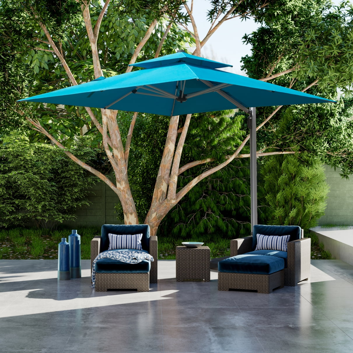 9'X9' Adjustment Square Cantilever Umbrella with Center Pole, 360° Rotation Patio Umbrella with Sun Protection, 2-Tier Aluminum Offset Outdoor Umbrella for Backyard, Pool, Lake Blue