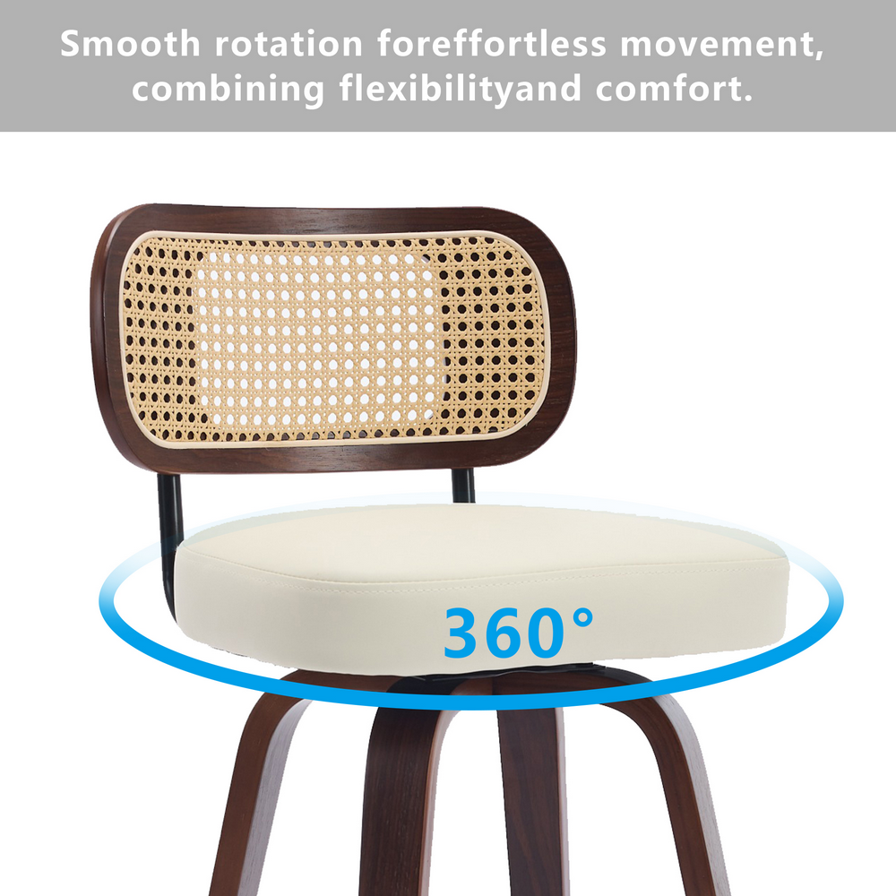 thumbnail image 5 of Bocarali 26 in. Swivel Counter Height Bar Stools Set of 3, Faux Leather Upholstered Bar Chairs with Rattan Back, Mid-Century Modern Counter Stools with Walnut Bentwood Leg for Kitchen Island, Beige, 5 of 6