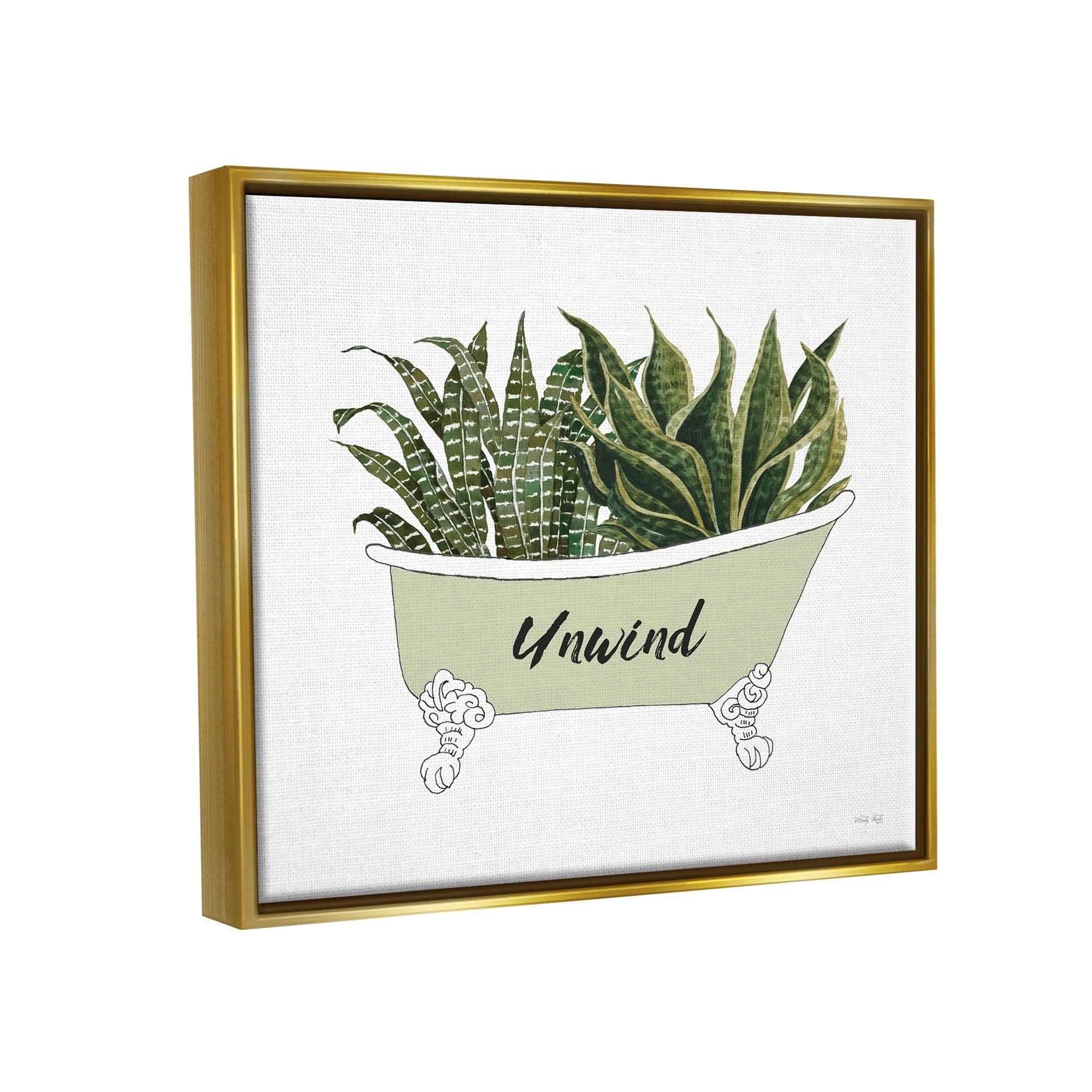 Stupell Industries Snake Plant in Tub Unwind Bath Typography Graphic Art Metallic Gold Floating Framed Canvas Print Wall Art, Design by Cindy Jacobs