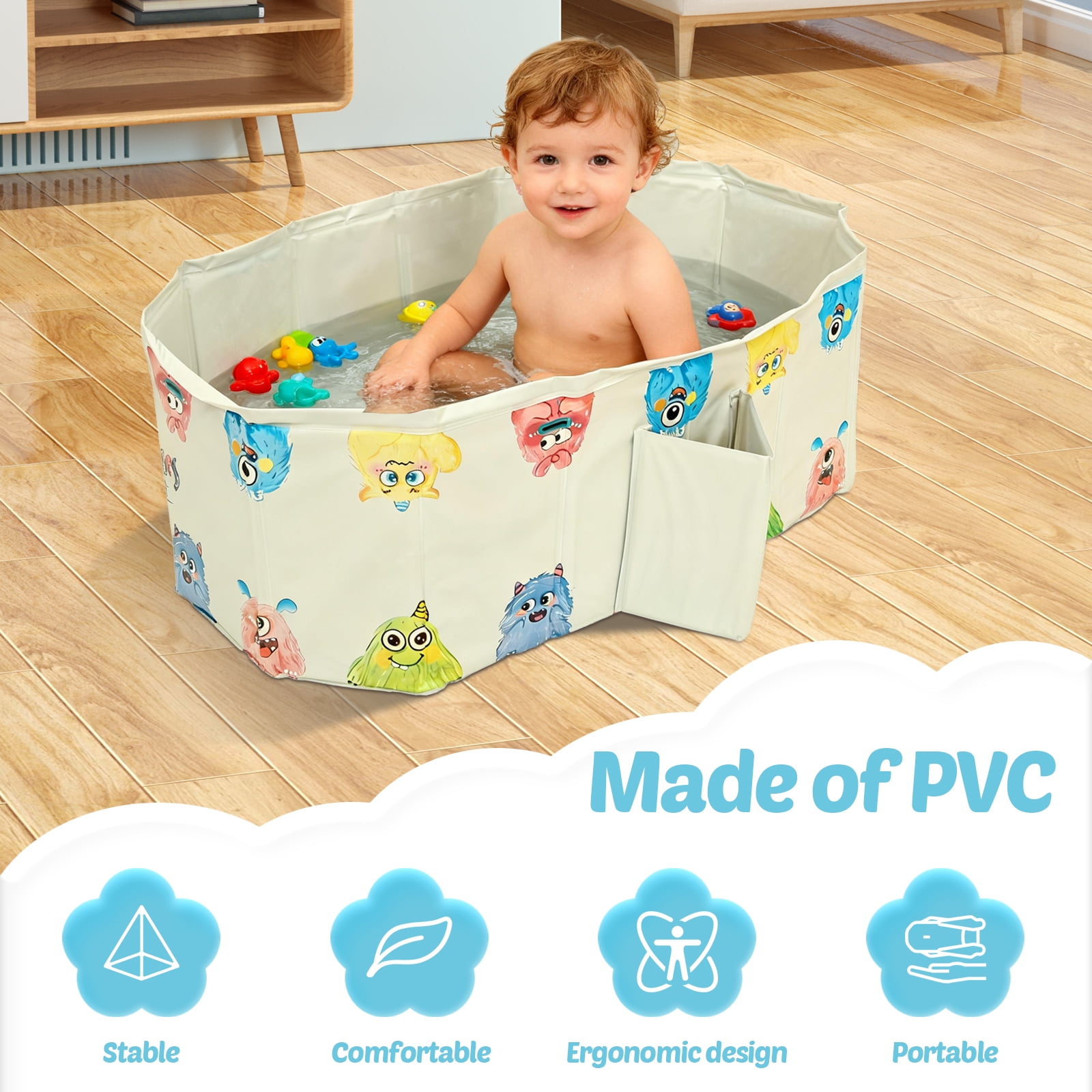 Austok Foldable Bathtub for Kids Multifunctional Portable Bath Tub Large Toddler Bath Tub for Ages Under 8 Integrated Design with Drainage Hole