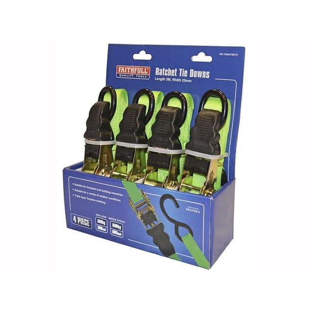 Faithfull Ratchet Tie-downs 5m X 25mm Green 4 Piece