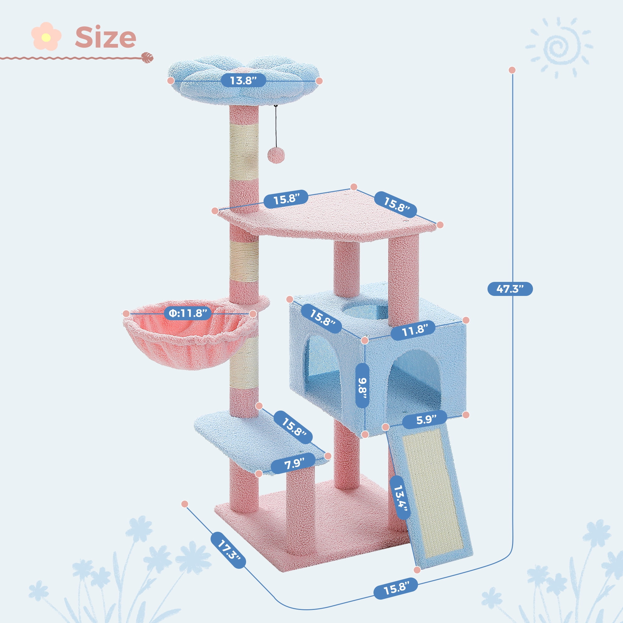 Kadyn 47" Flower Cat Tree Tower for Indoor Cats, Cat Condo with Pink Top Perch for Kittens, Cat Tree House with Sisal Scratching Posts, Blue