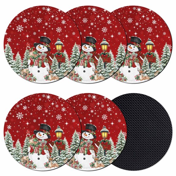 Red Christmas Coasters Set of 6, Absorbent Coasters for Drinks, Snowman Xmas Snowflake Botanical Tree Coaster for Desk Coffee Table Protection, Home Decor House Warming Gifts 4"