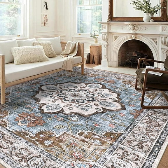 MJIAexp 8'x10' Vintage Boho Area Rug Washable Area Rug for Living Room Non-Slip Distressed Accent Rug Faux Wool Bedroom Rug Floor Carpet for Dining Room Bedroom Kitchen Entryway Office Dark Blue