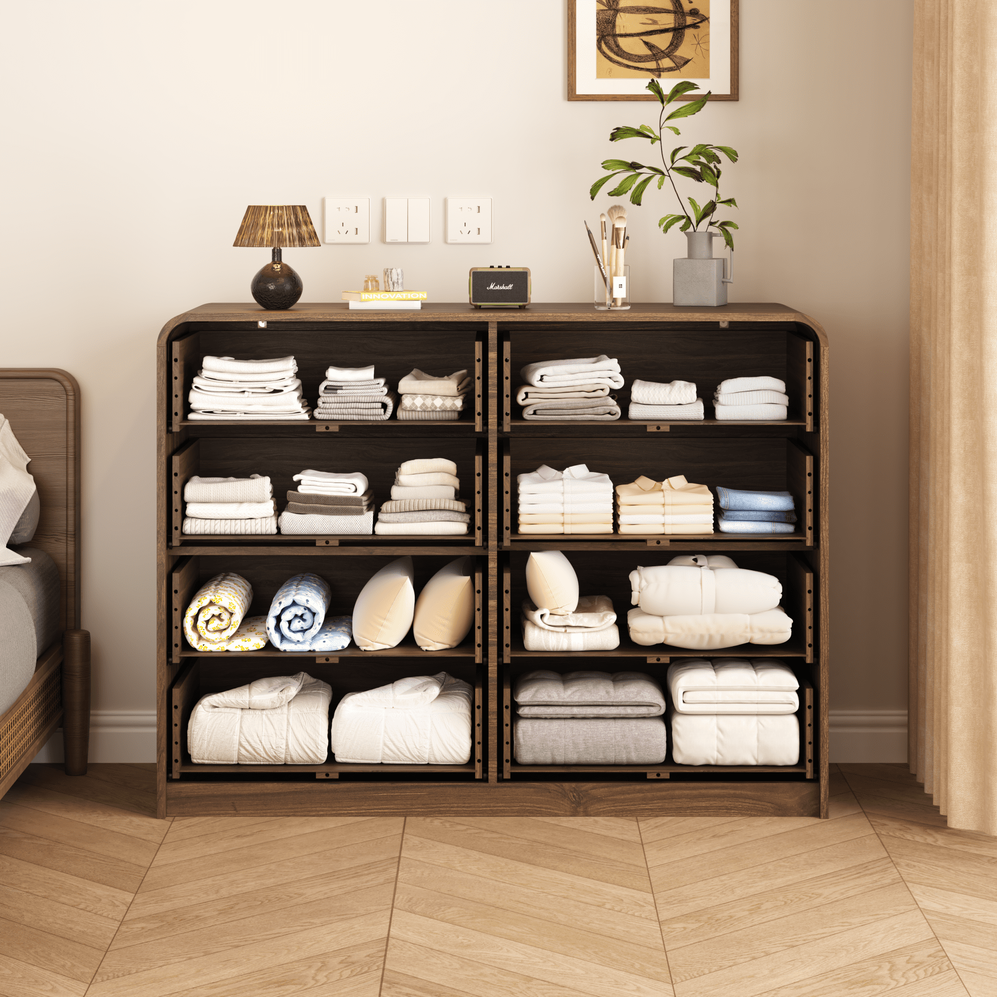 Leumius 8‑Drawer Dresser with Rattan Front, Wide Particle Board Chest of Drawers, Modern Wooden Storage Cabinet for Bedroom Living Room Walnut