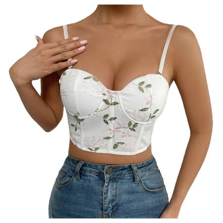 

APEXFWDT Corset Tops for Womens Casual Floral Print Lace Up Back Crop Top Spaghetti Straps Bandeau Tube Bustier