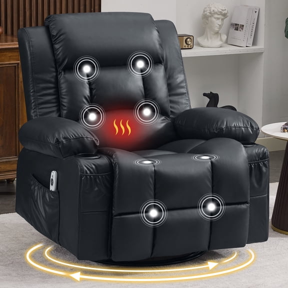 UHOMEPRO Swivel Recliner Chair for Adults, 360° Manual Swivel Rocker with Vibration Massage, Lumbar Heat, Leather Nursery Glider with Cup Holders and USB Port, Living Room and Bedroom, Black