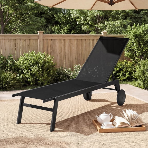 Costway 1 PCS Patio Chaise Lounge with Wheels Adjustable 6-Position Backrest Breathable Seat Black