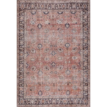 BoutiqueRugs Watchtower Boho Oriental Damask Patterned Rug -Traditional Floral Carpet for Living Room, Bedroom - Machine Washable - Pink, Peach, Red - 6'7" x 9' (6x9)